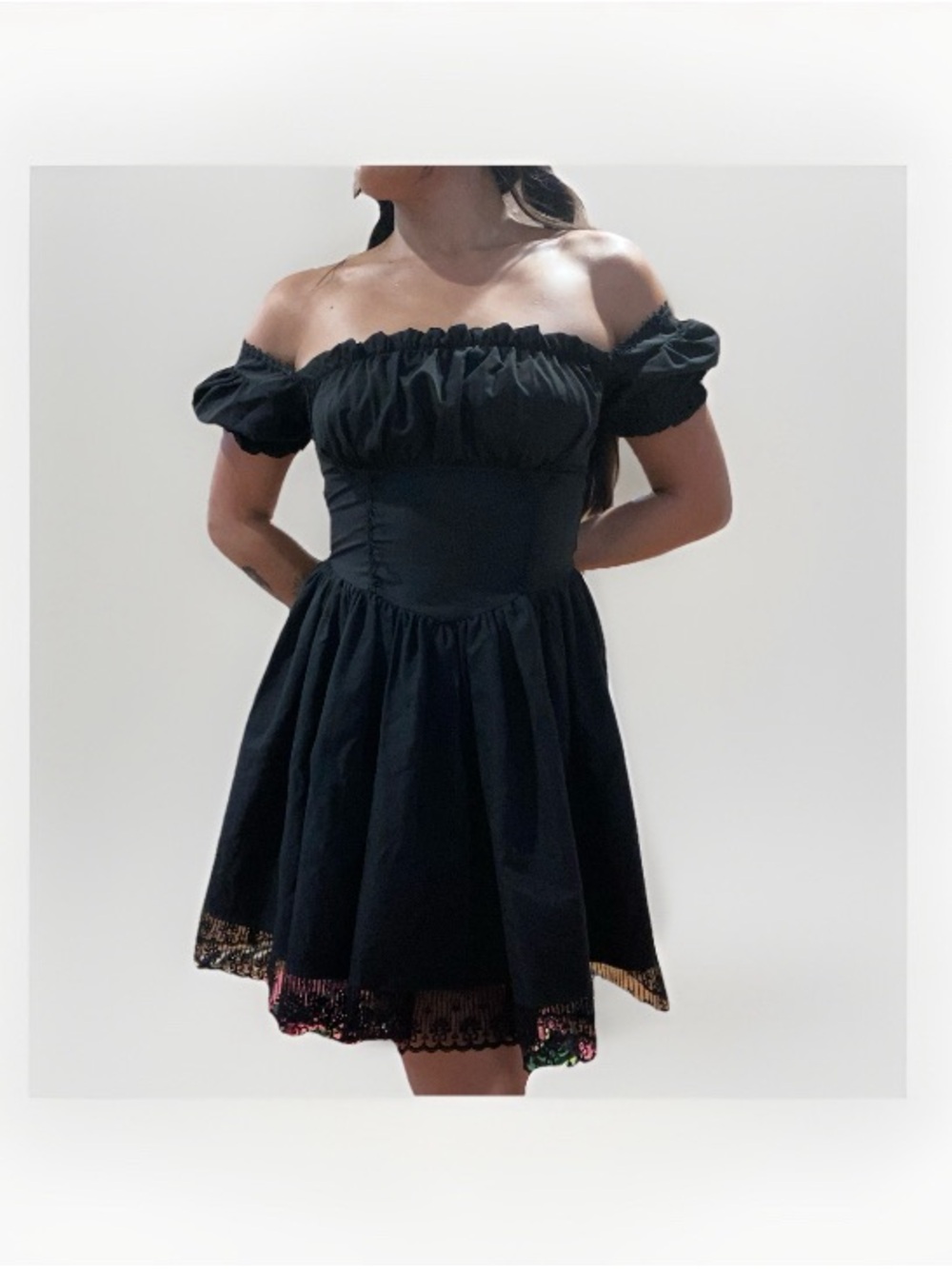 Cider Black Off-Shoulder Corset Mini Dress with Lace Hem